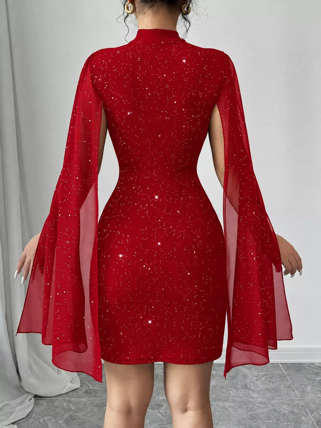Coralie Glitter Cape-Sleeve Mock-Neck Mini Dress in Red, on model