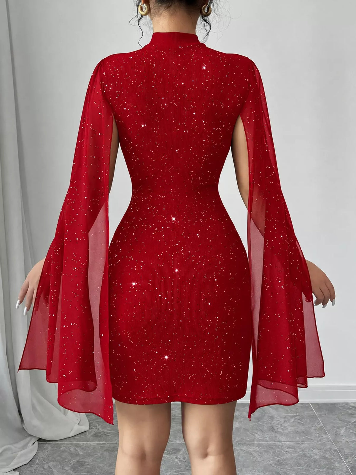 Coralie Glitter Cape-Sleeve Mock-Neck Mini Dress in Red, on model