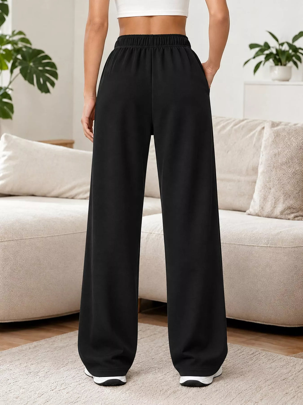 Odessa Drawstring Wide-Leg Sweatpants in Black, on model