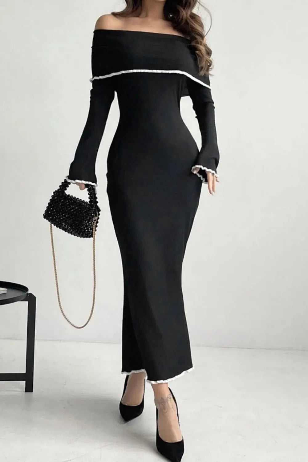 Noemi Black Off-Shoulder Maxi Sweater Dress, on model