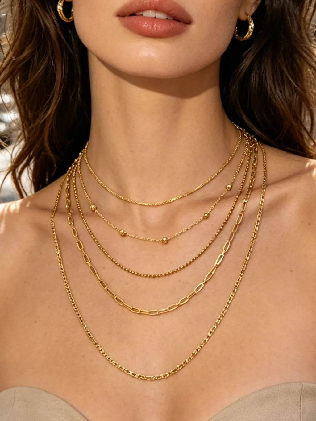 Lune Five-Layer Gold Chain Necklace, worn on model