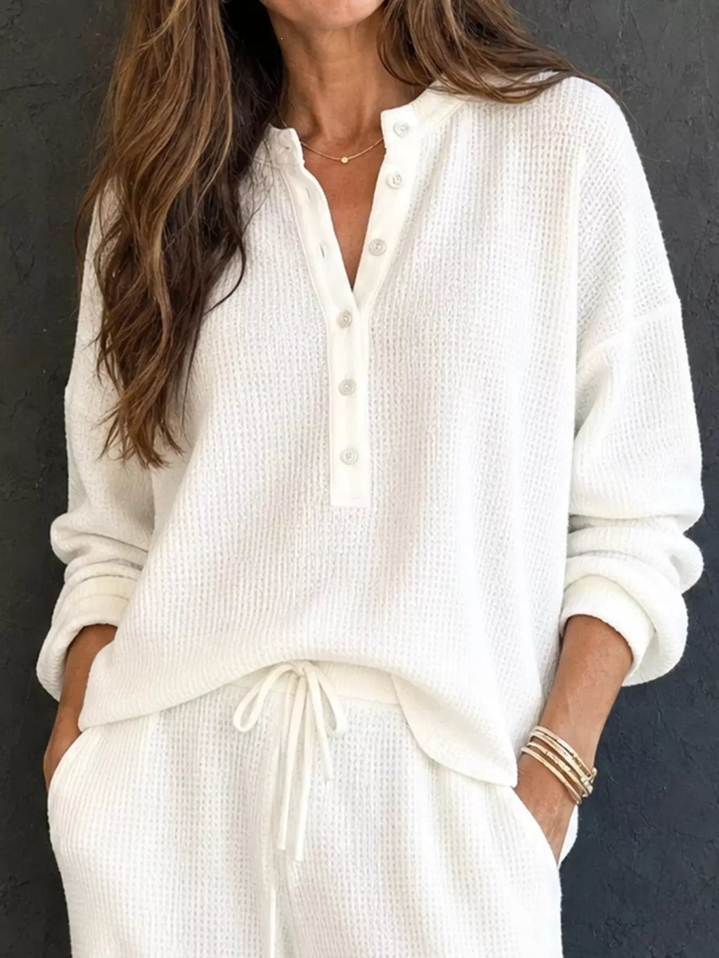 Thea Waffle-Knit Henley + Wide-Leg Pants Set in White, on model