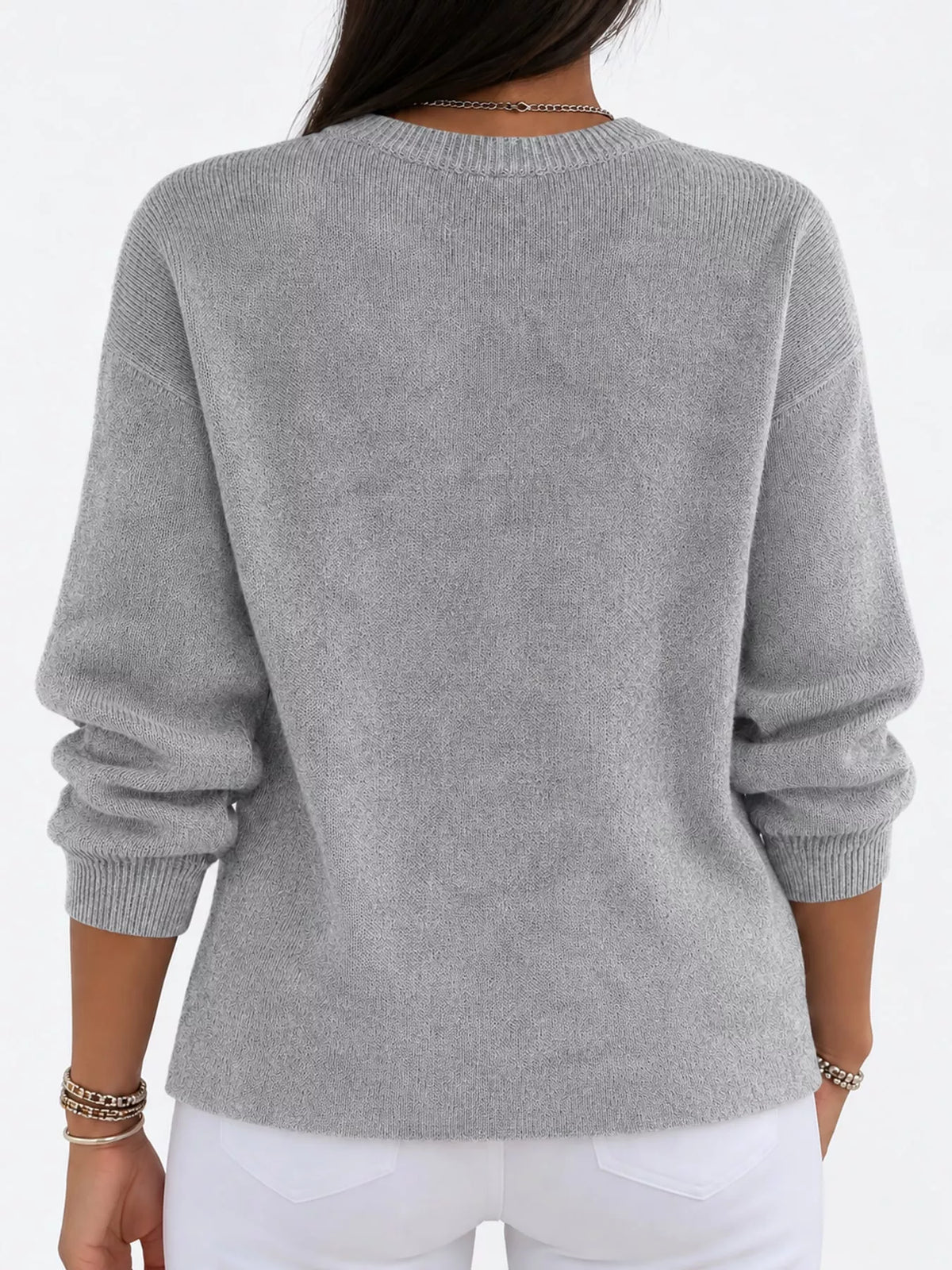 Corinne Classic Crew-Neck Sweater in Gray, on model