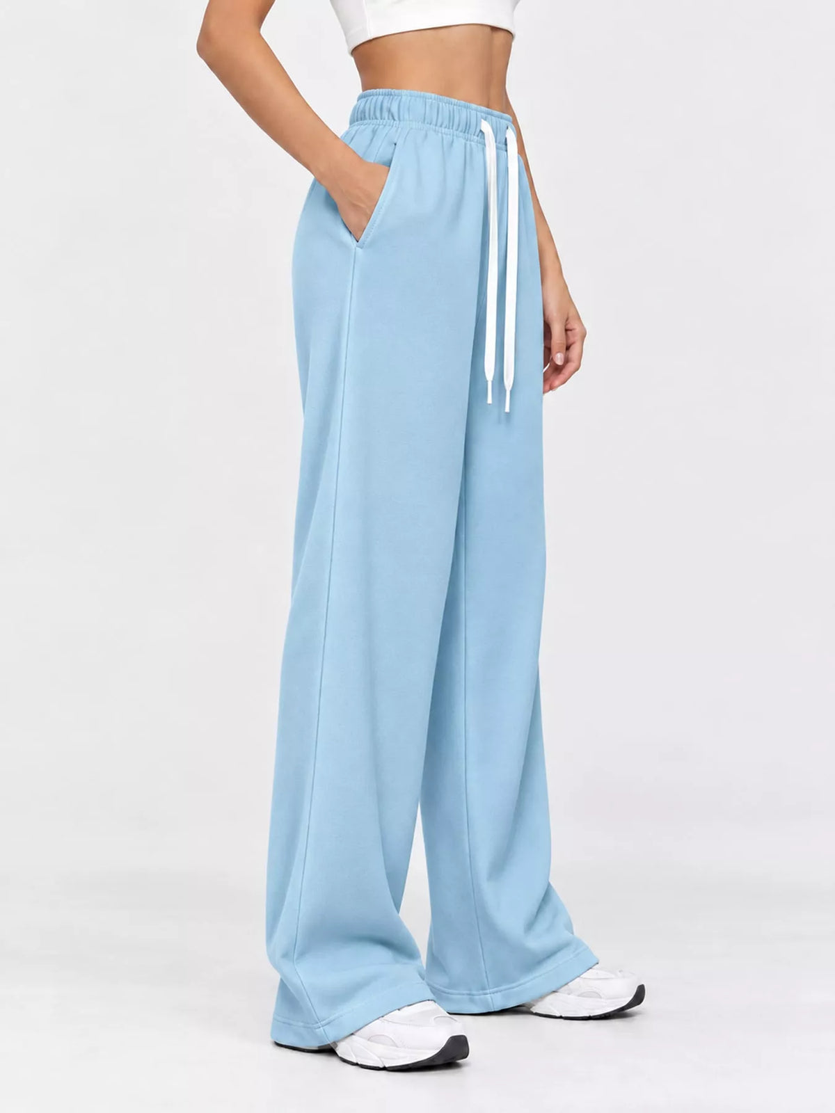 Odessa Drawstring Wide-Leg Sweatpants in Light Blue, on model