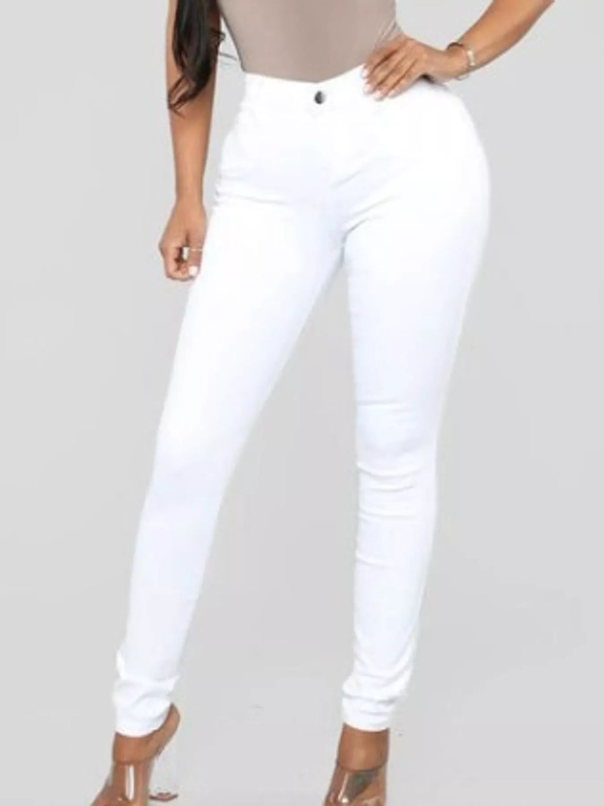 Yvette High-Waisted Skinny Jeans in White, on model