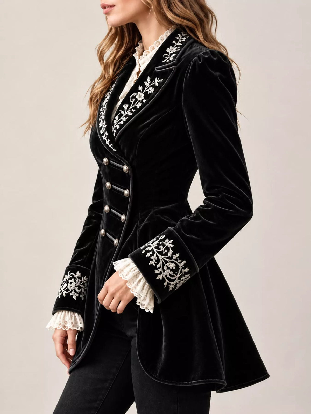 Isadora Embroidered Velvet Peplum Blazer in Black, on model