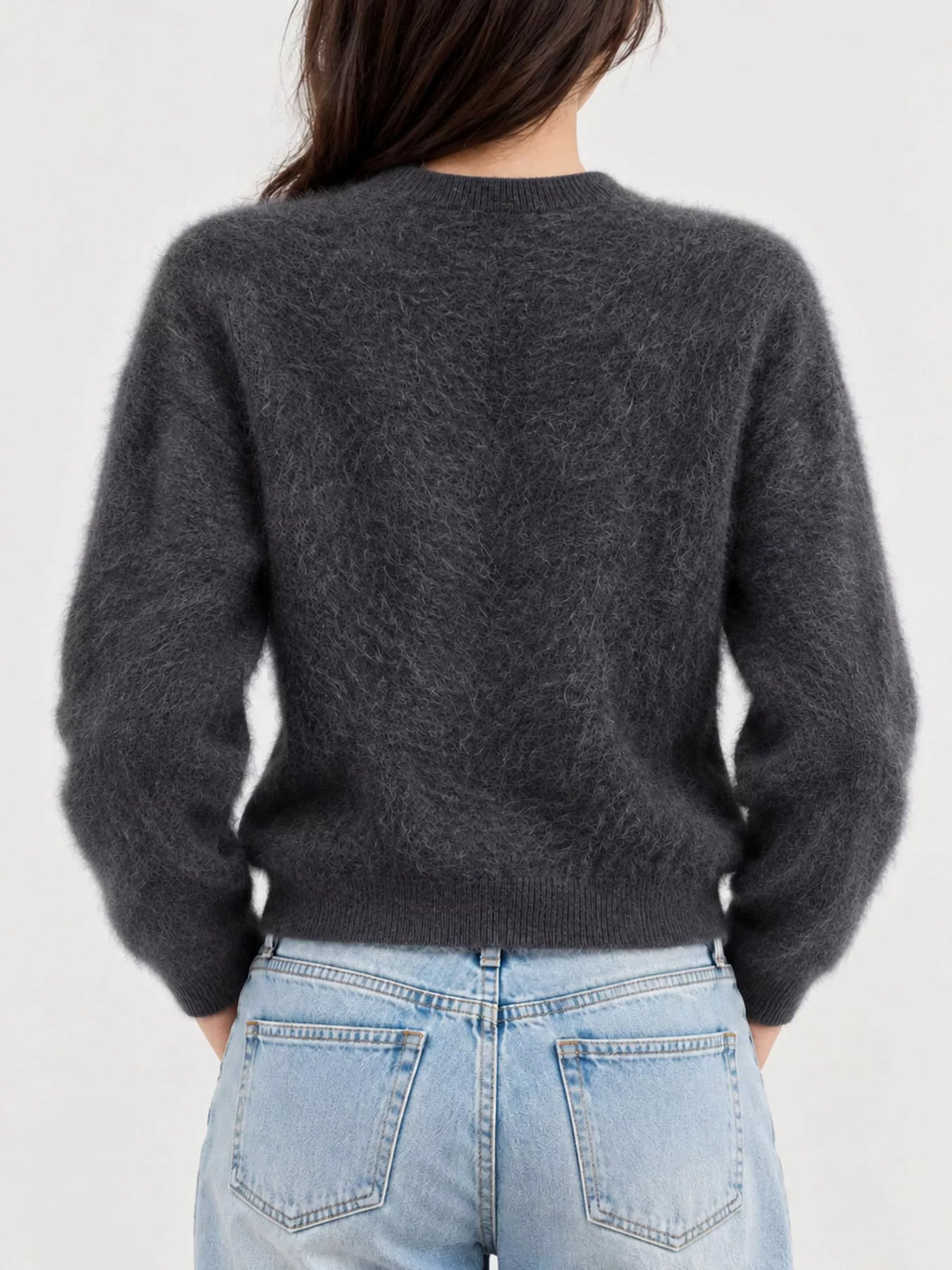 Flora Fuzzy Cropped Button Cardigan in Dark Gray, on model