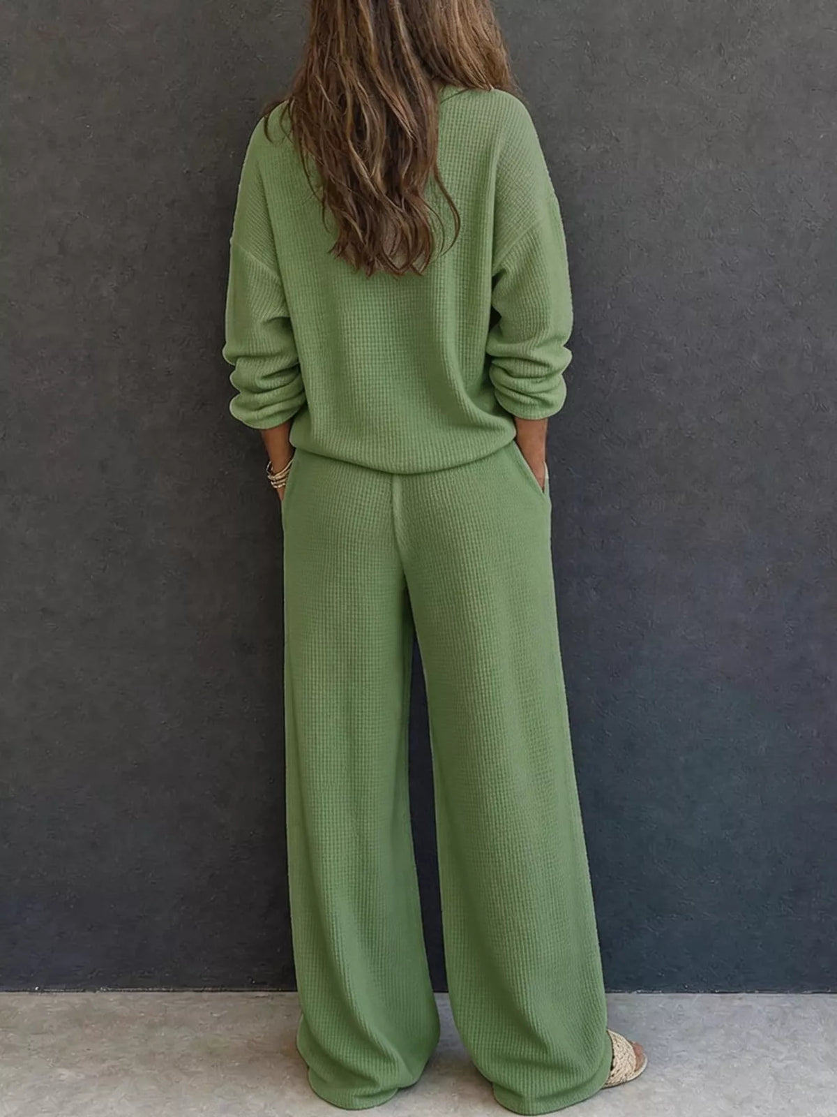 Thea Waffle-Knit Henley + Wide-Leg Pants Set in Green, on model