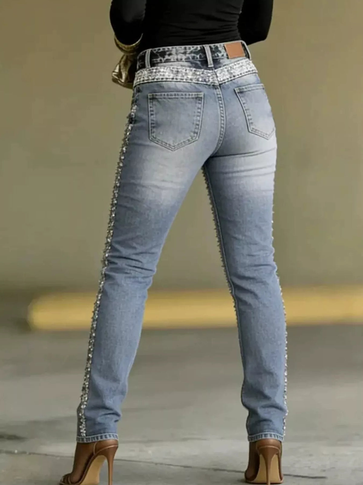 Jolie Rhinestone Slim Jeans in Light Blue, on model