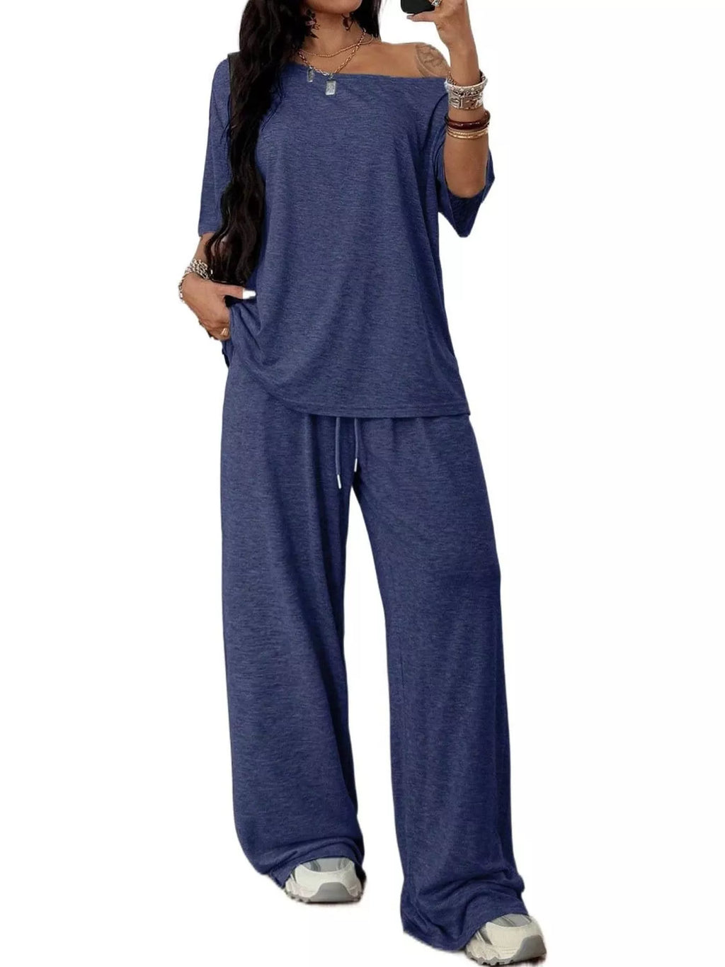 Linnea Off-Shoulder Top + Wide-Leg Pants Set, on model