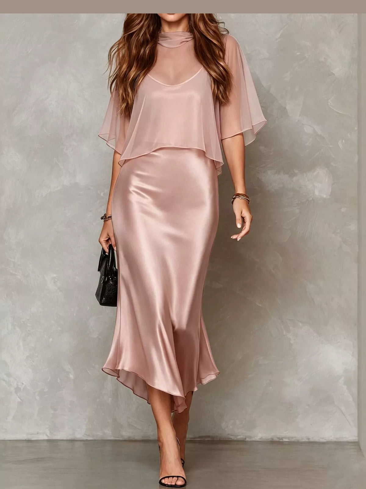 Calla Satin Slip Dress + Sheer Cape Set in Pink, on model
