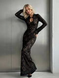Dana black lace long-sleeve maxi dress, on model, front view