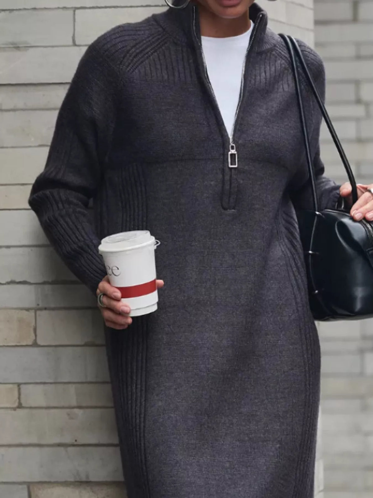 Annelise Half-Zip Ribbed Sweater Maxi Dress in Dark Gray, on model