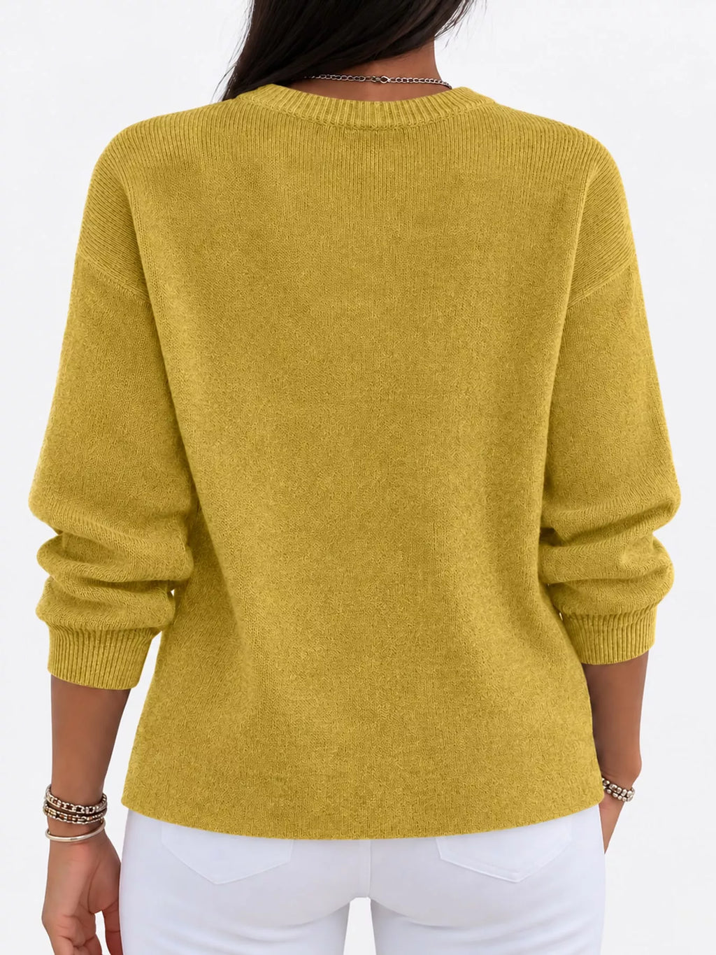Corinne Classic Crew-Neck Sweater in Yellow, close-up detail