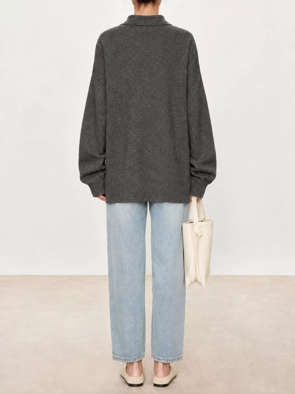 Priya Polo-Collar Drop-Shoulder Sweater in Dark Gray, on model