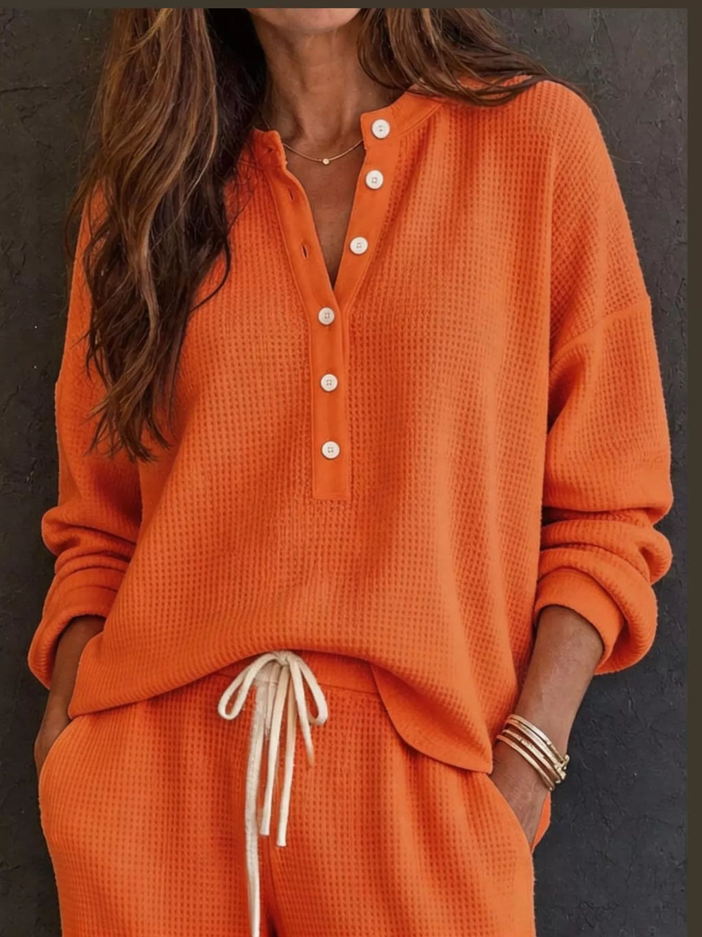 Thea Waffle-Knit Henley + Wide-Leg Pants Set in Orange, on model