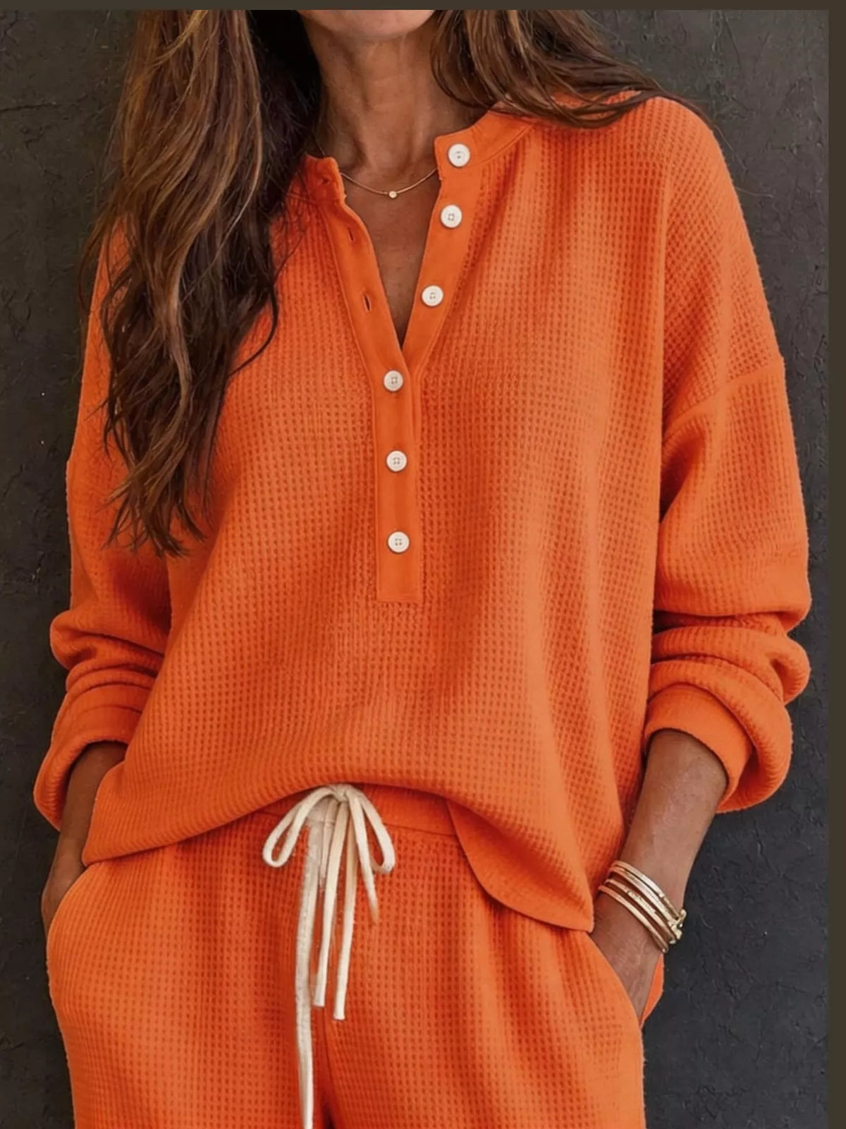 Thea Waffle-Knit Henley + Wide-Leg Pants Set in Orange, on model