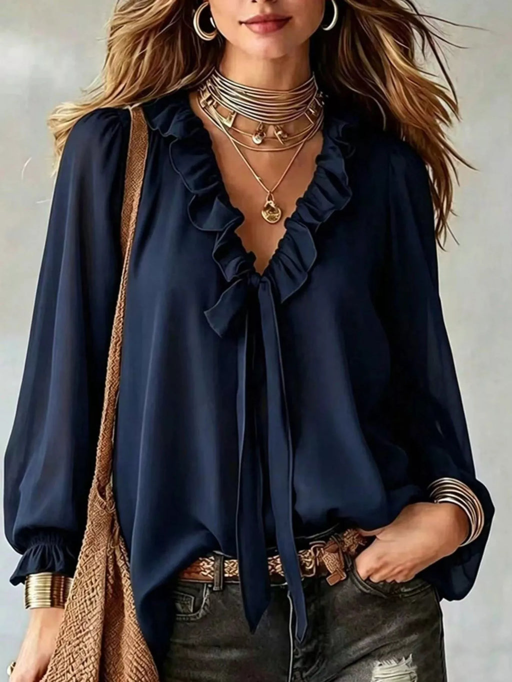Hollis Ruffled Tie-Front Blouse in Dark Blue, on model