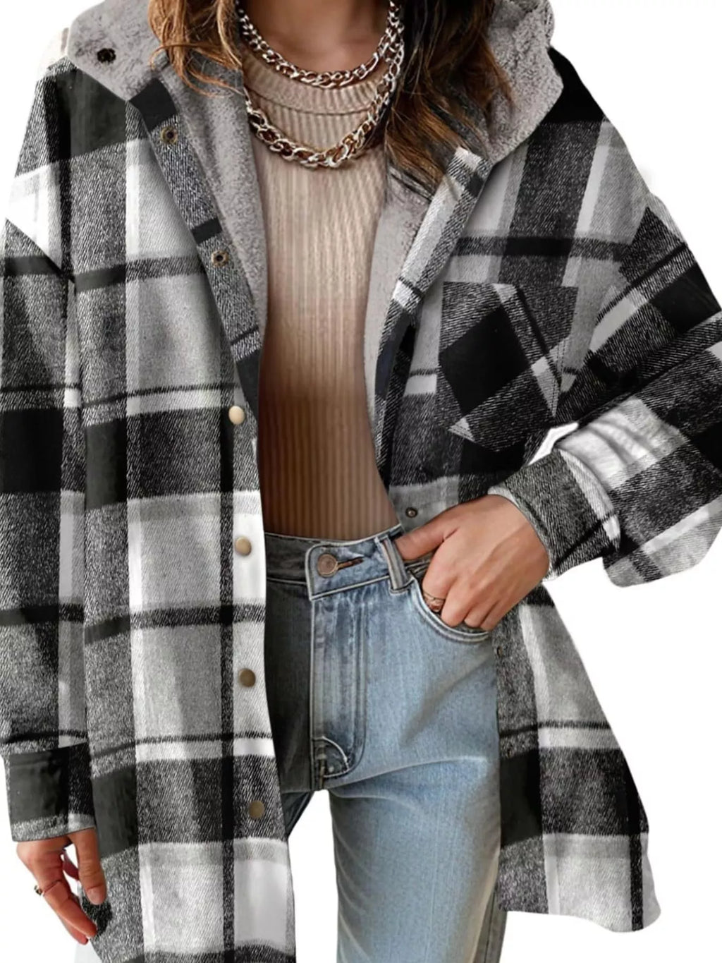 Nina Plaid Hooded Shacket in Black, on model