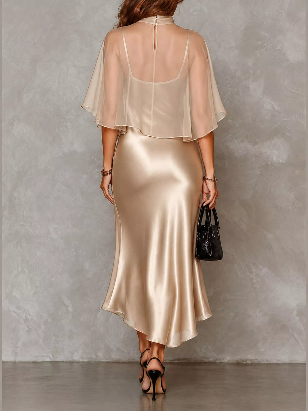Calla Satin Slip Dress + Sheer Cape Set in Champagne, on model