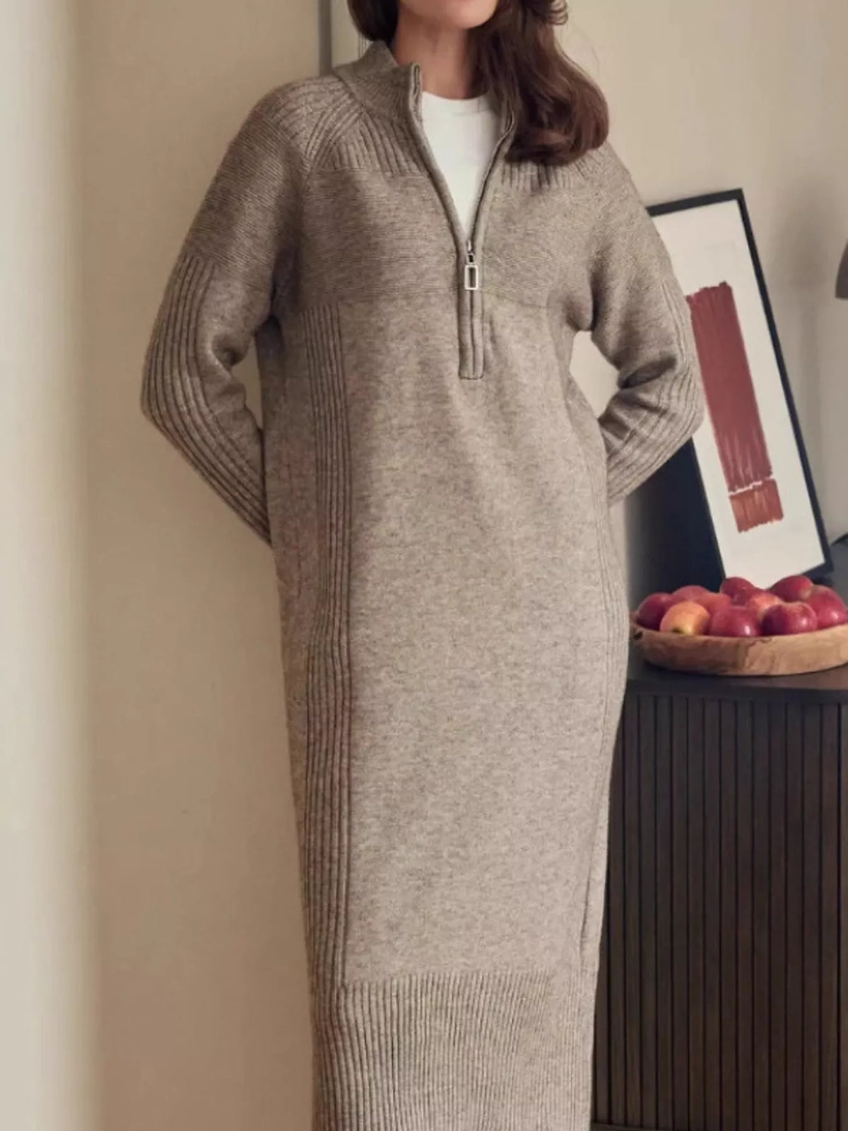 Annelise Half-Zip Ribbed Sweater Maxi Dress in Oatmeal, on model