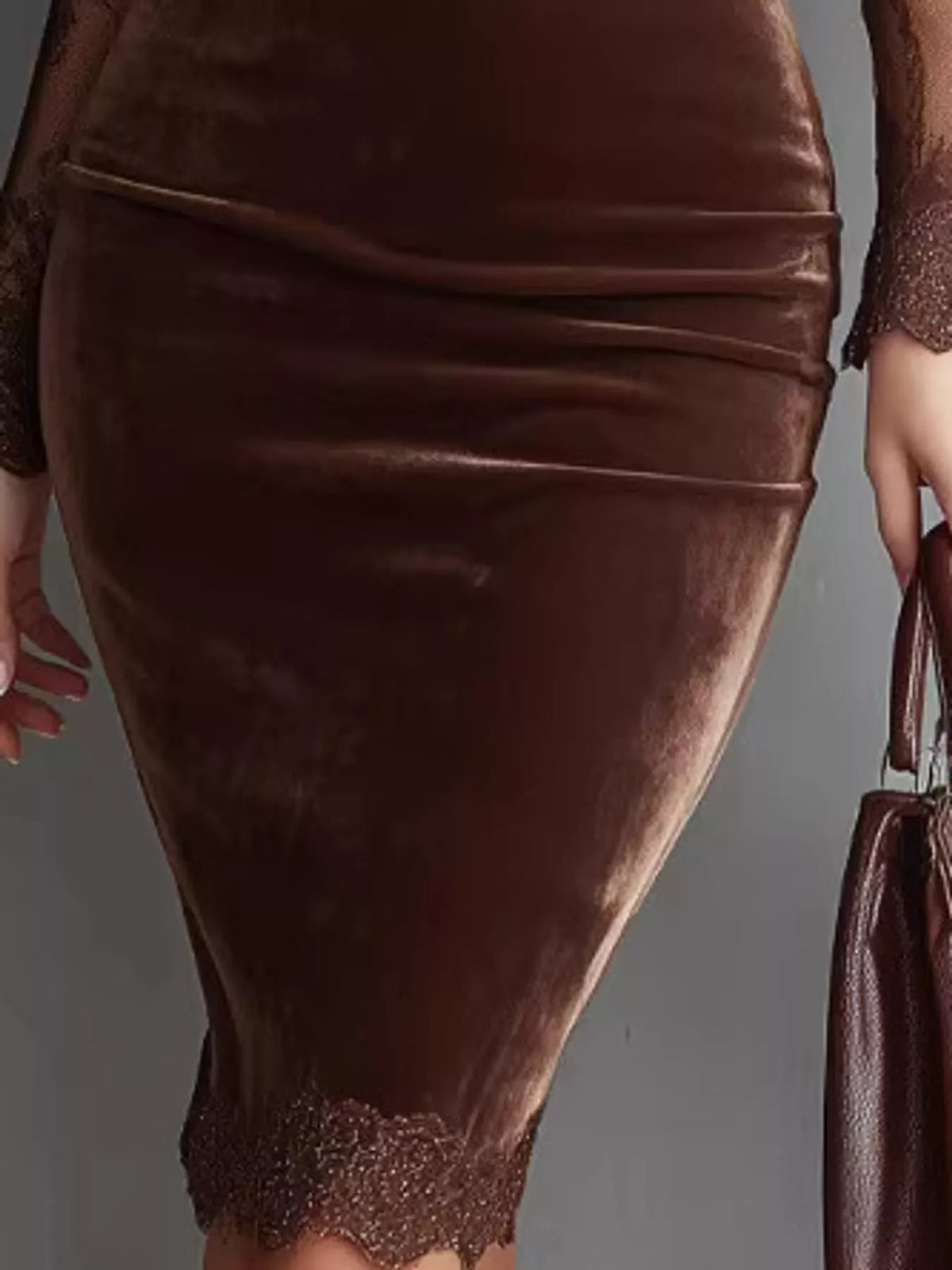 Seraphina Velvet Lace Bodycon Midi Dress in Coffee, on model