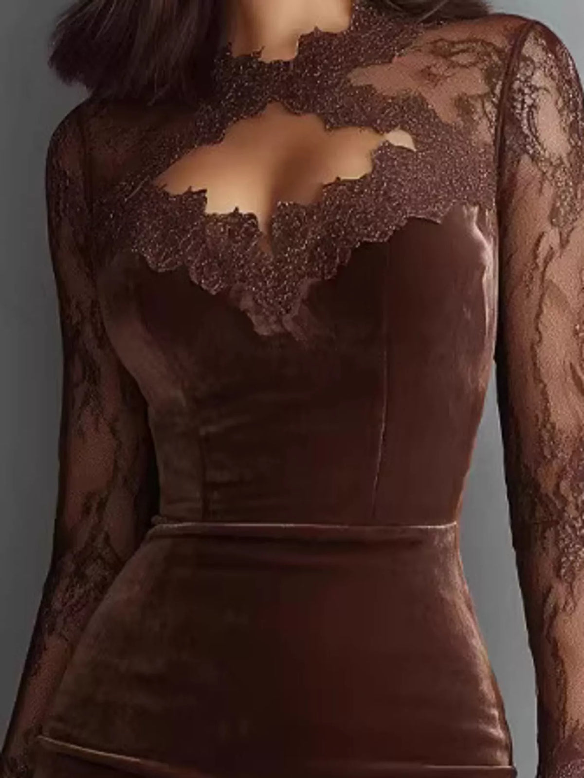 Seraphina Velvet Lace Bodycon Midi Dress in Coffee, close-up detail