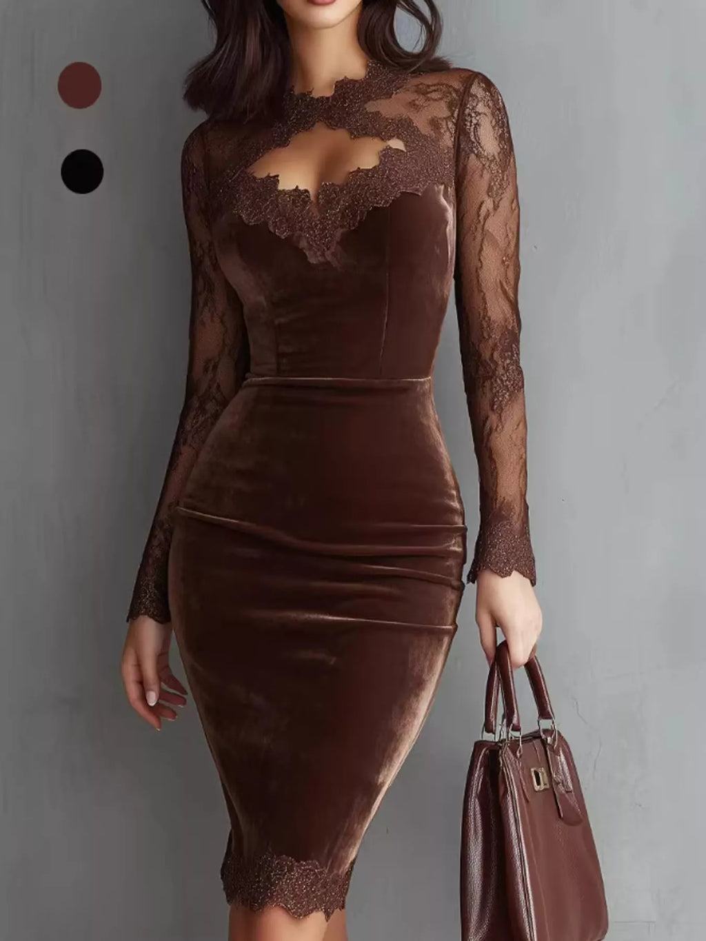 Seraphina Velvet Lace Bodycon Midi Dress in Coffee, on model