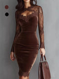 Seraphina Velvet Lace Bodycon Midi Dress in Coffee, on model