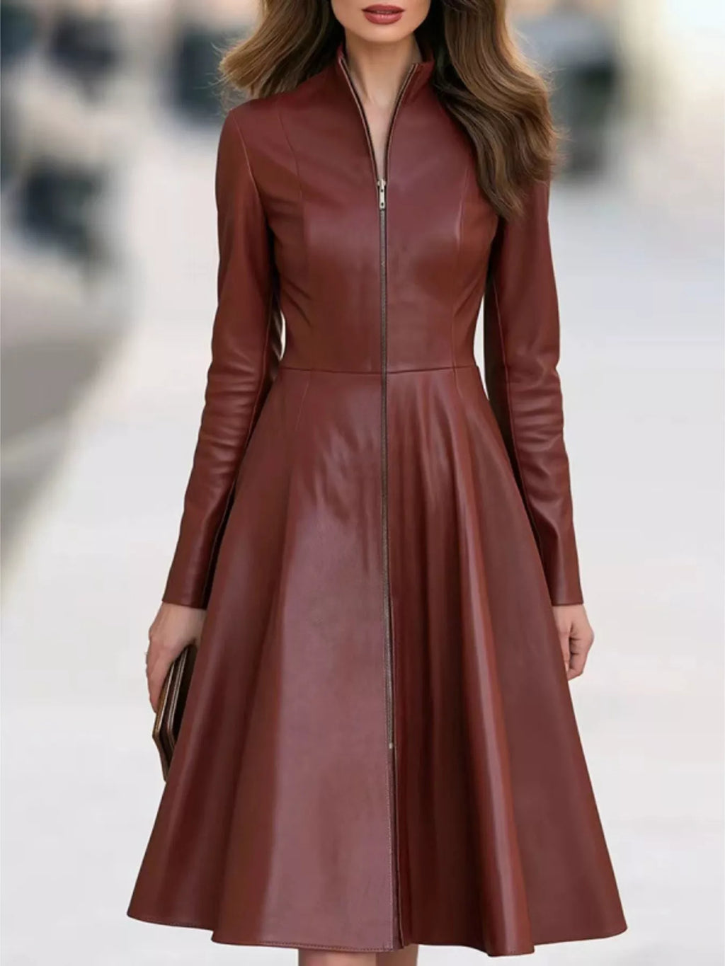 Tamsin Faux Leather Zip-Front Midi Dress in Burgundy, on model