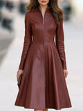 Tamsin Faux Leather Zip-Front Midi Dress in Burgundy, on model