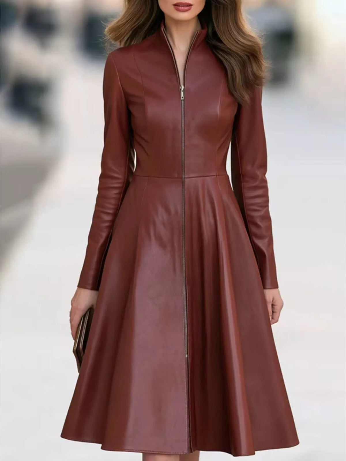 Tamsin Faux Leather Zip-Front Midi Dress in Burgundy, on model