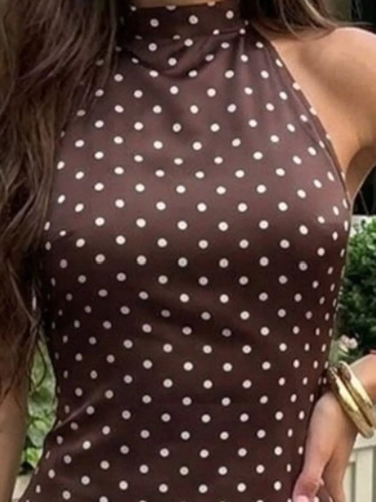 Polly Polka Dot Halter Mini Dress in Brown, on model