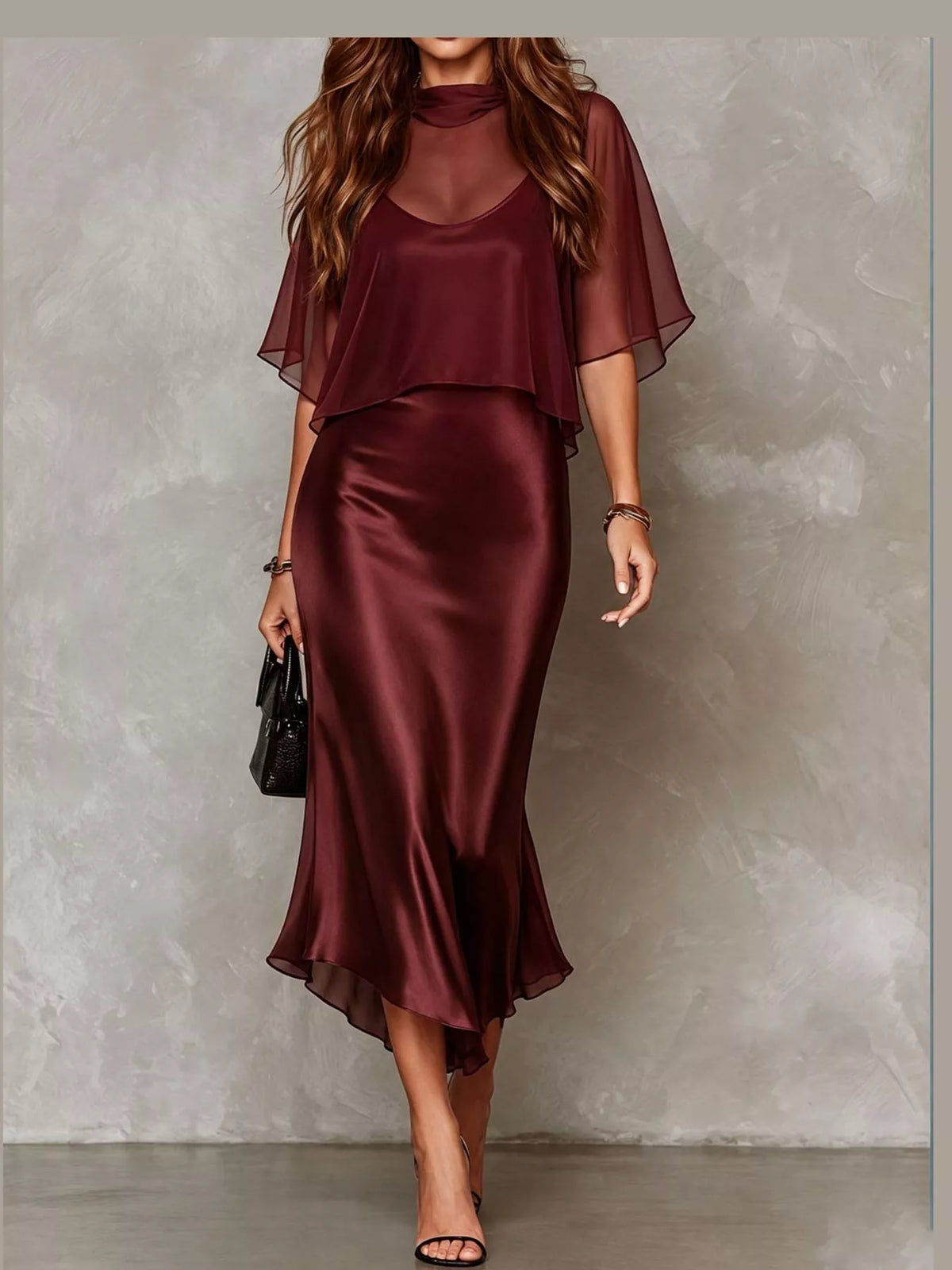 Calla Satin Slip Dress + Sheer Cape Set in Burgundy, on model