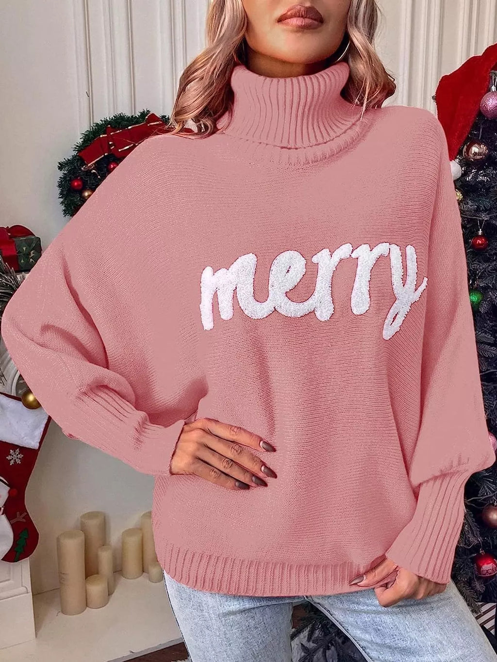 Mabel Merry Turtleneck Sweater in Pink, on model