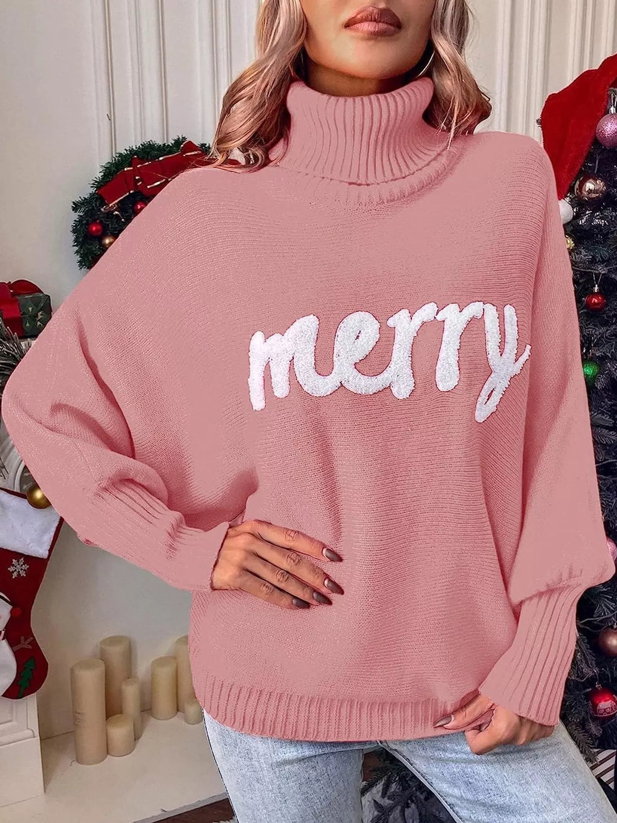 Mabel Merry Turtleneck Sweater in Pink, on model