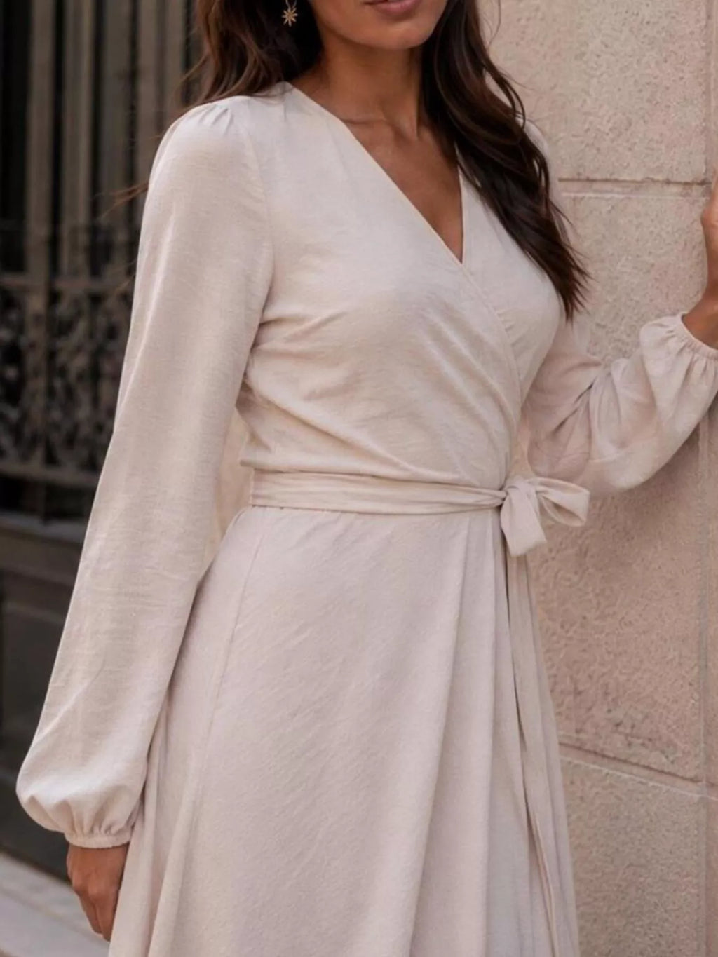 Ines Long-Sleeve Wrap Dress in Beige, on model