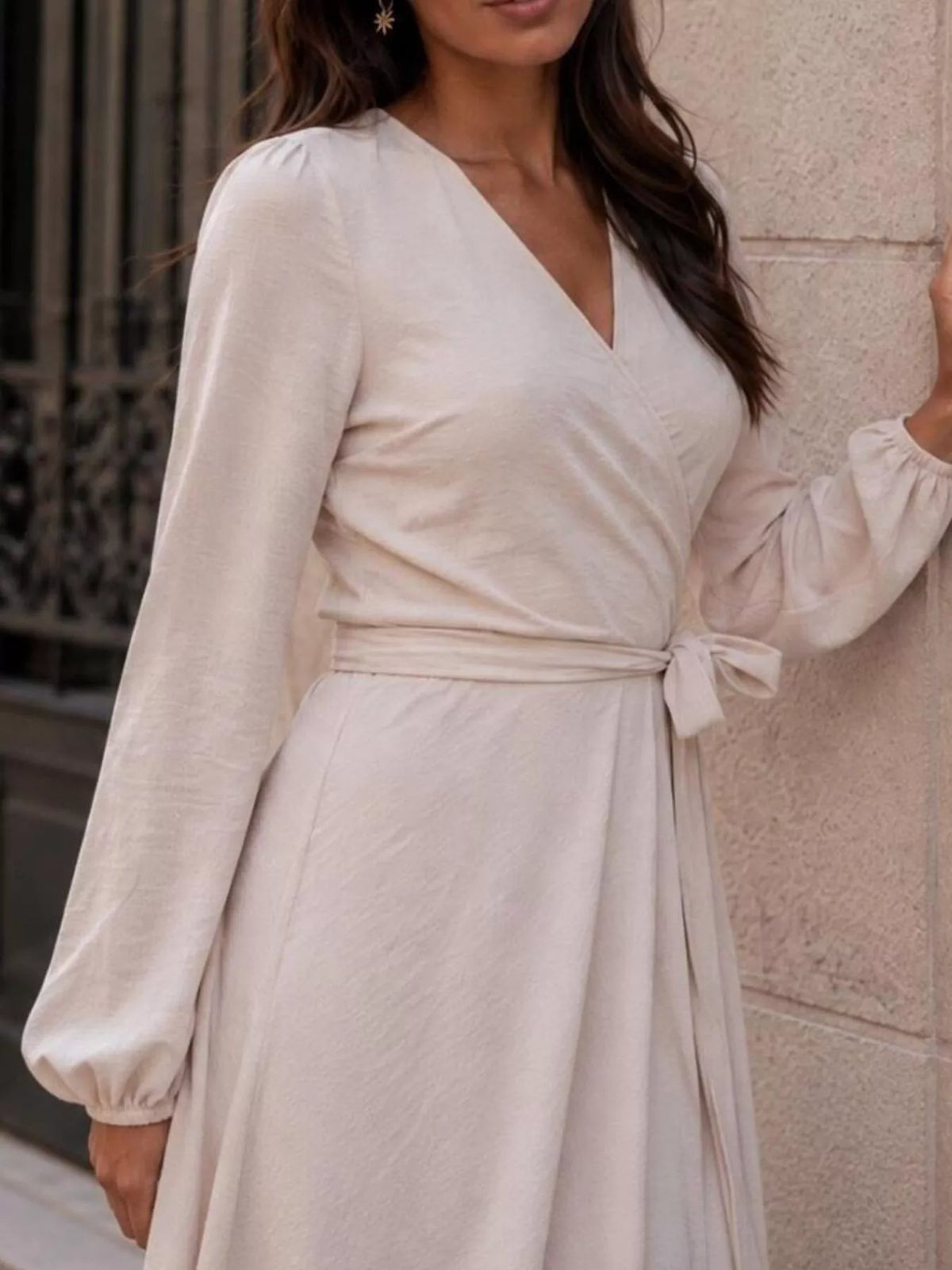 Ines Long-Sleeve Wrap Dress in Beige, on model