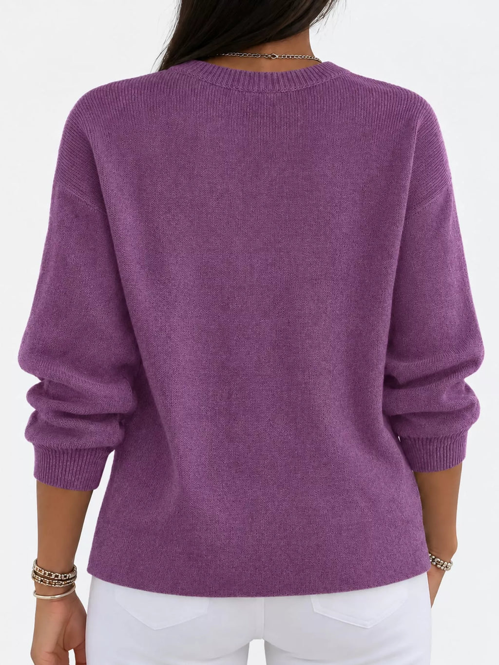 Corinne Classic Crew-Neck Sweater in Purple, close-up detail