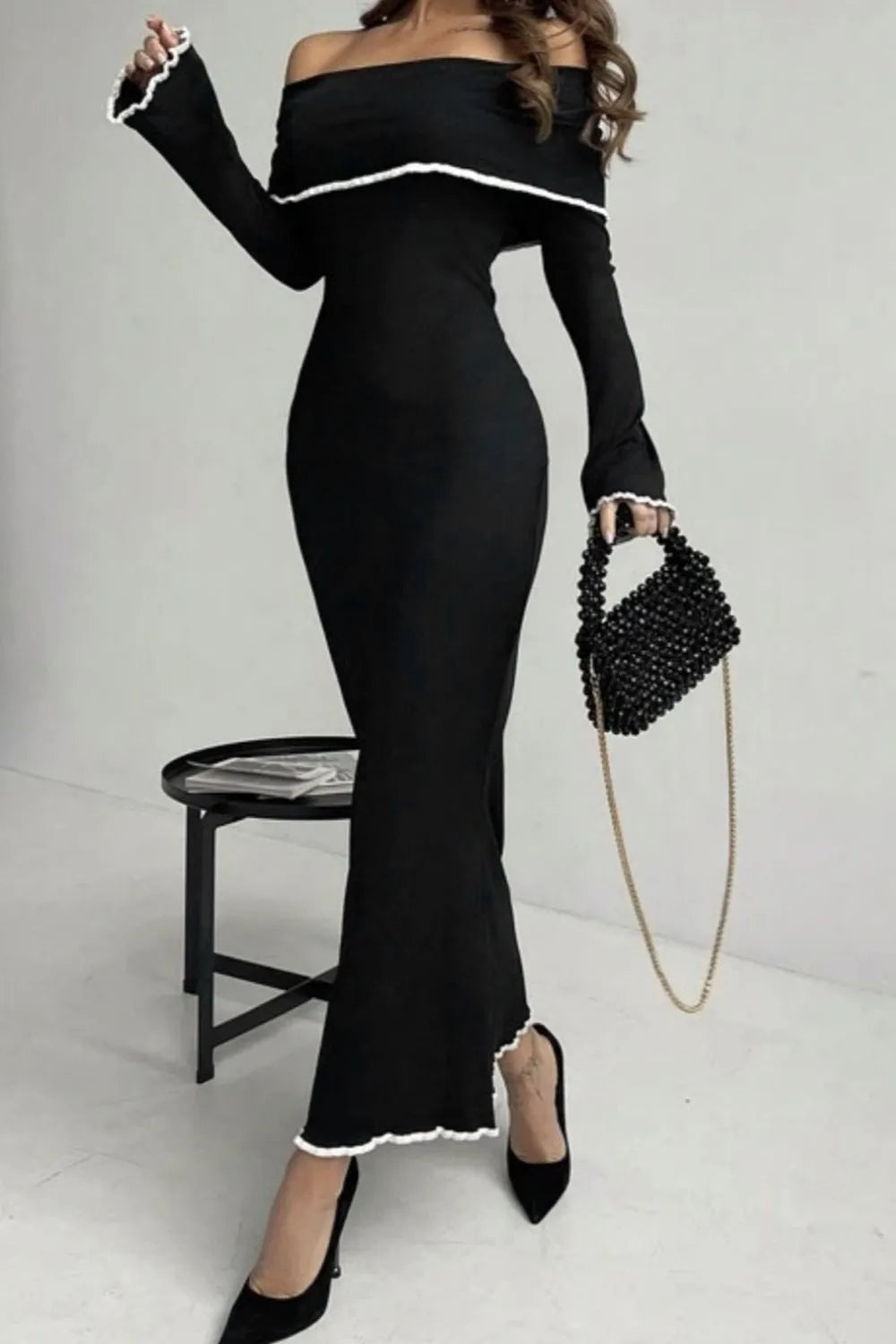 Noemi Black Off-Shoulder Maxi Sweater Dress, on model