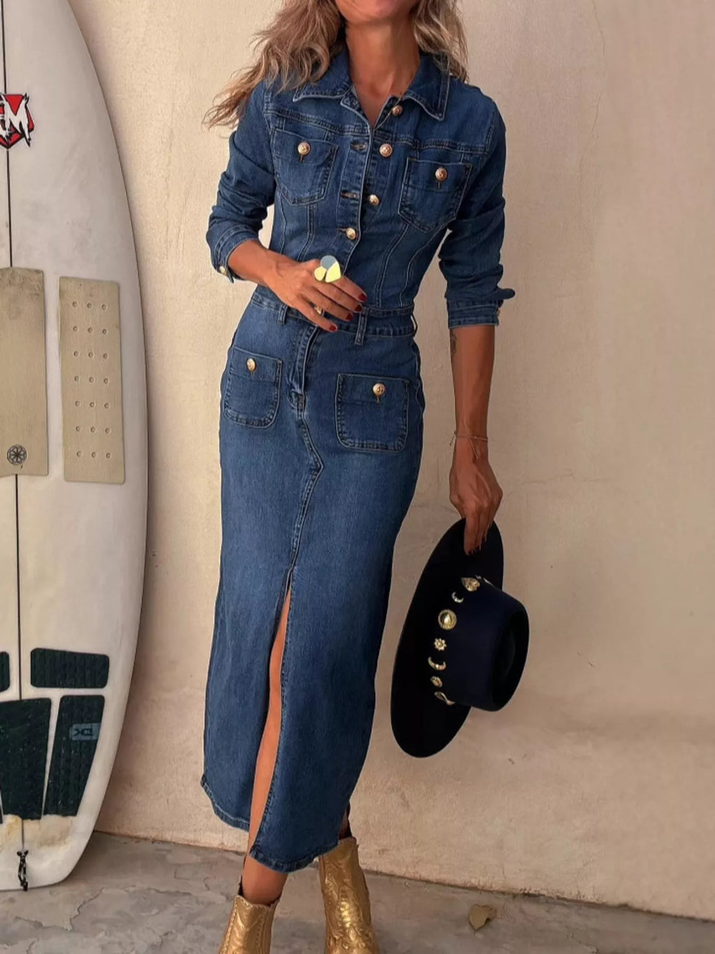 Joelle Button-Front Denim Midi Dress in Dark Blue, on model