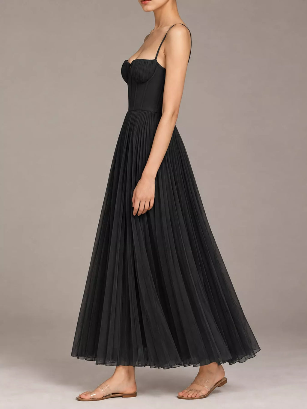 Saoirse Pleated Sweetheart Midi Dress in Black, on model