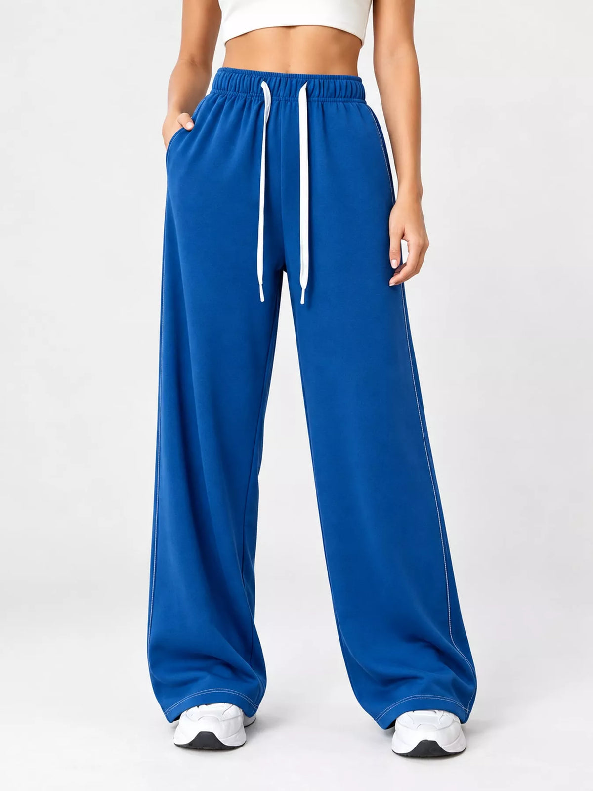 Odessa Drawstring Wide-Leg Sweatpants in Royal Blue, on model