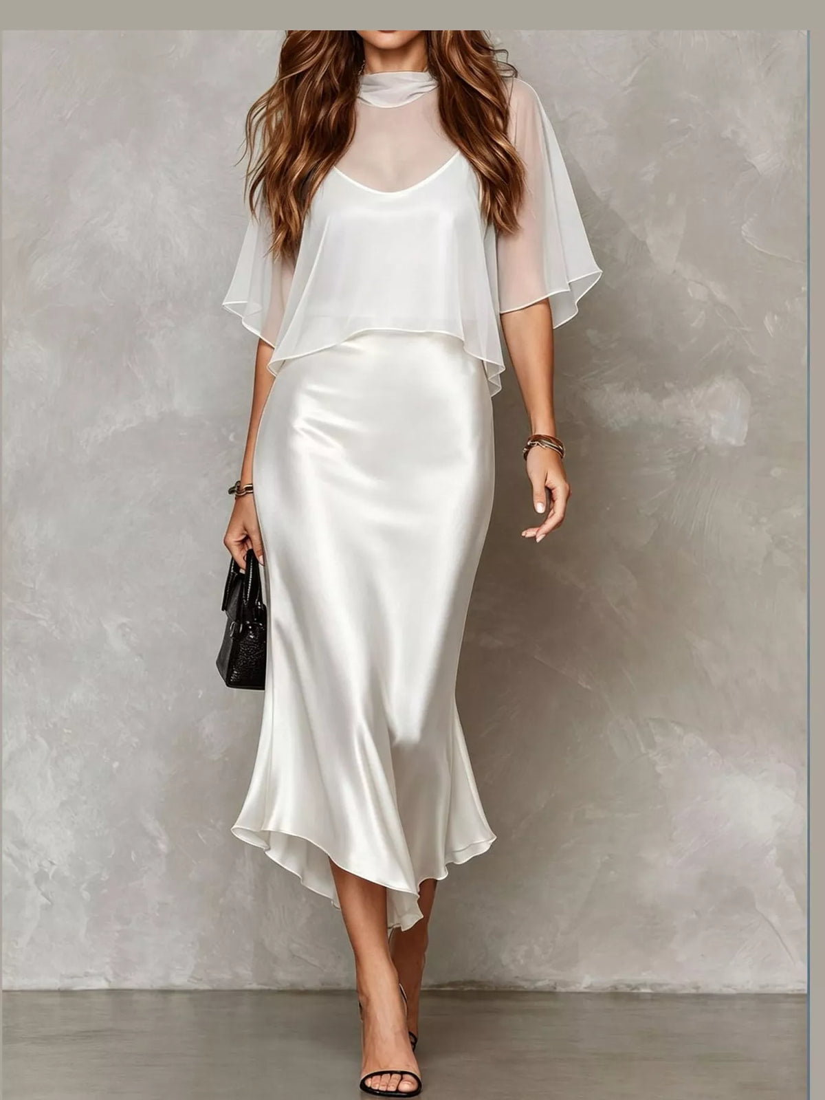 Calla Satin Slip Dress + Sheer Cape Set in White, on model