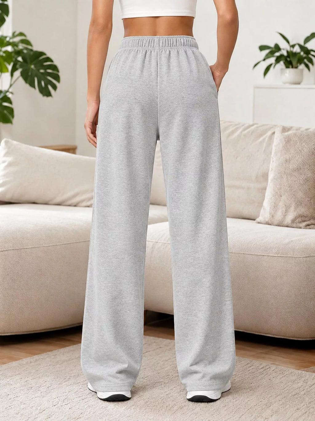 Odessa Drawstring Wide-Leg Sweatpants in Dark Gray, on model