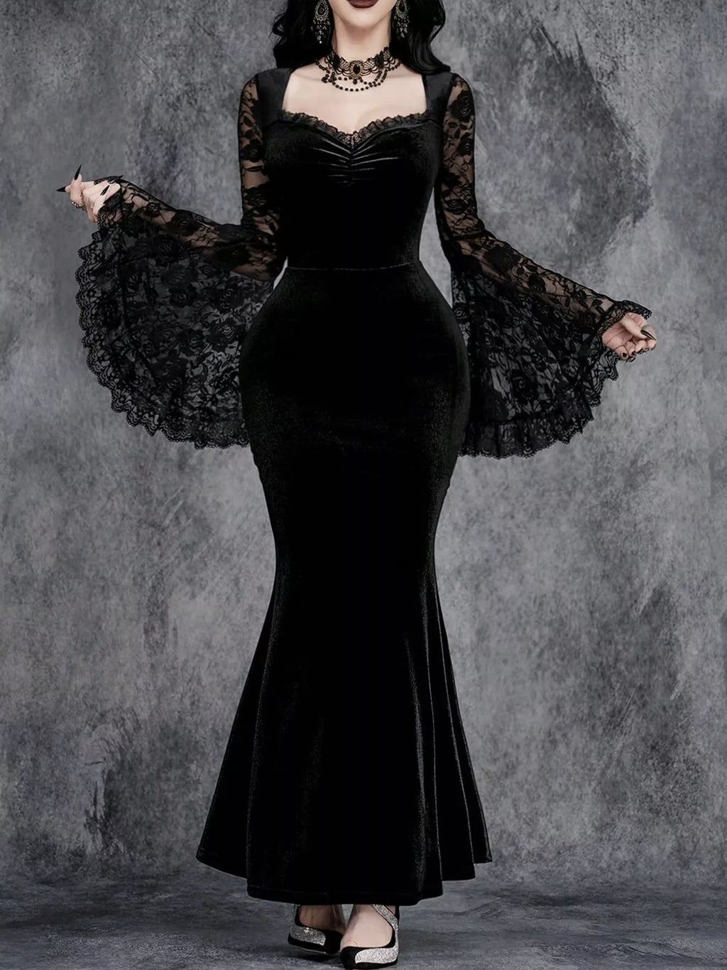 Romilly Velvet Lace Bell-Sleeve Mermaid Maxi Dress in Black, on model