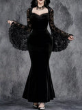 Romilly Velvet Lace Bell-Sleeve Mermaid Maxi Dress in Black, on model