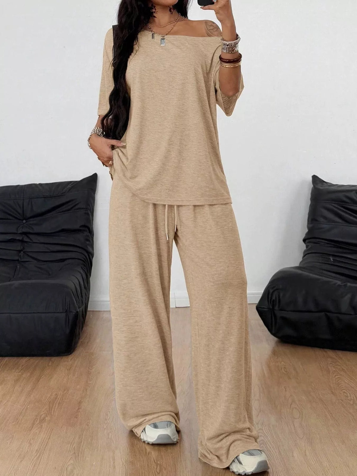 Linnea Off-Shoulder Top + Wide-Leg Pants Set in Khaki, on model