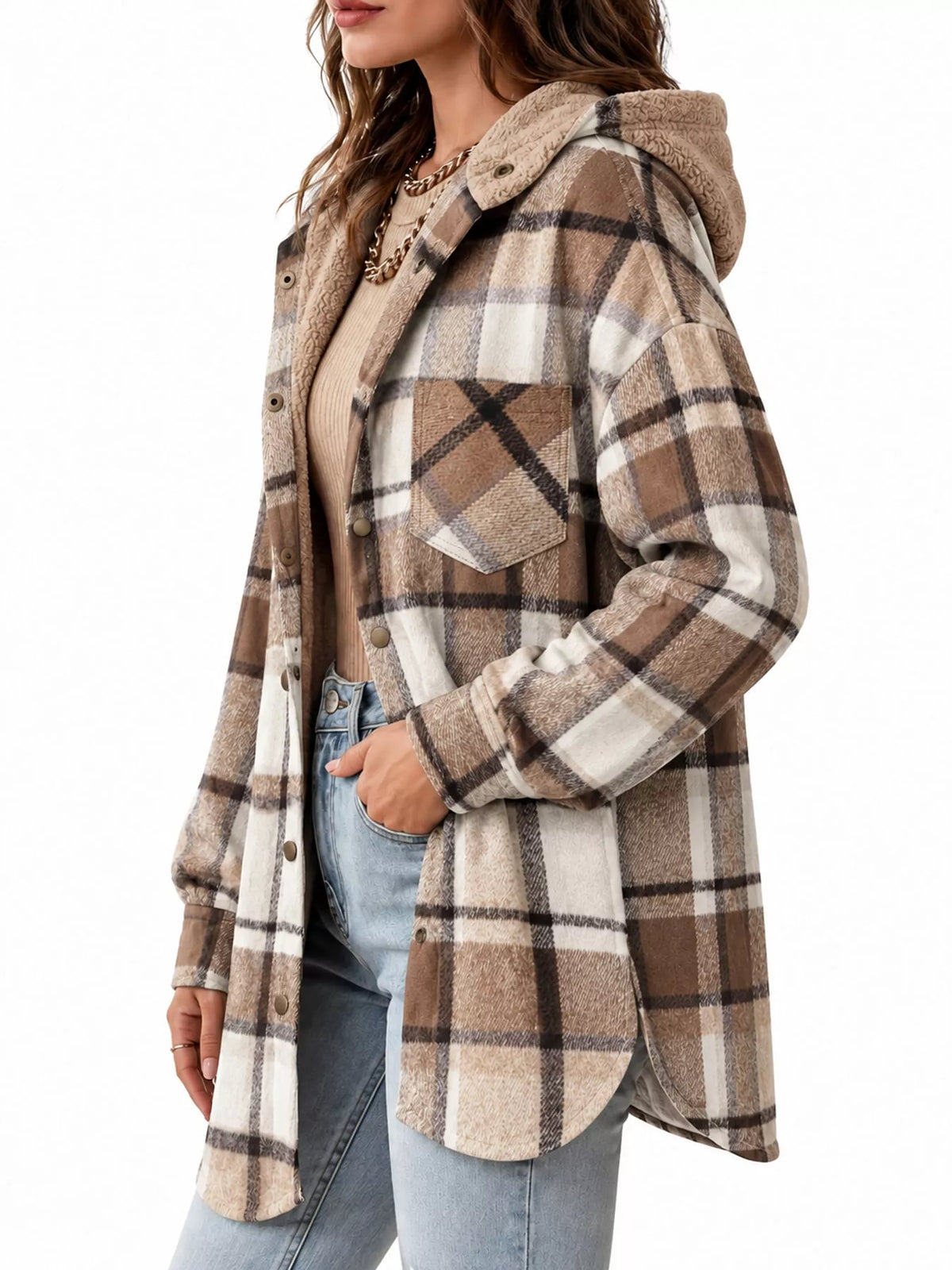 Nina Plaid Hooded Shacket in Khaki, on model