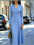 Solenne Double-Breasted Coat Midi Dress in Sky Blue, on model